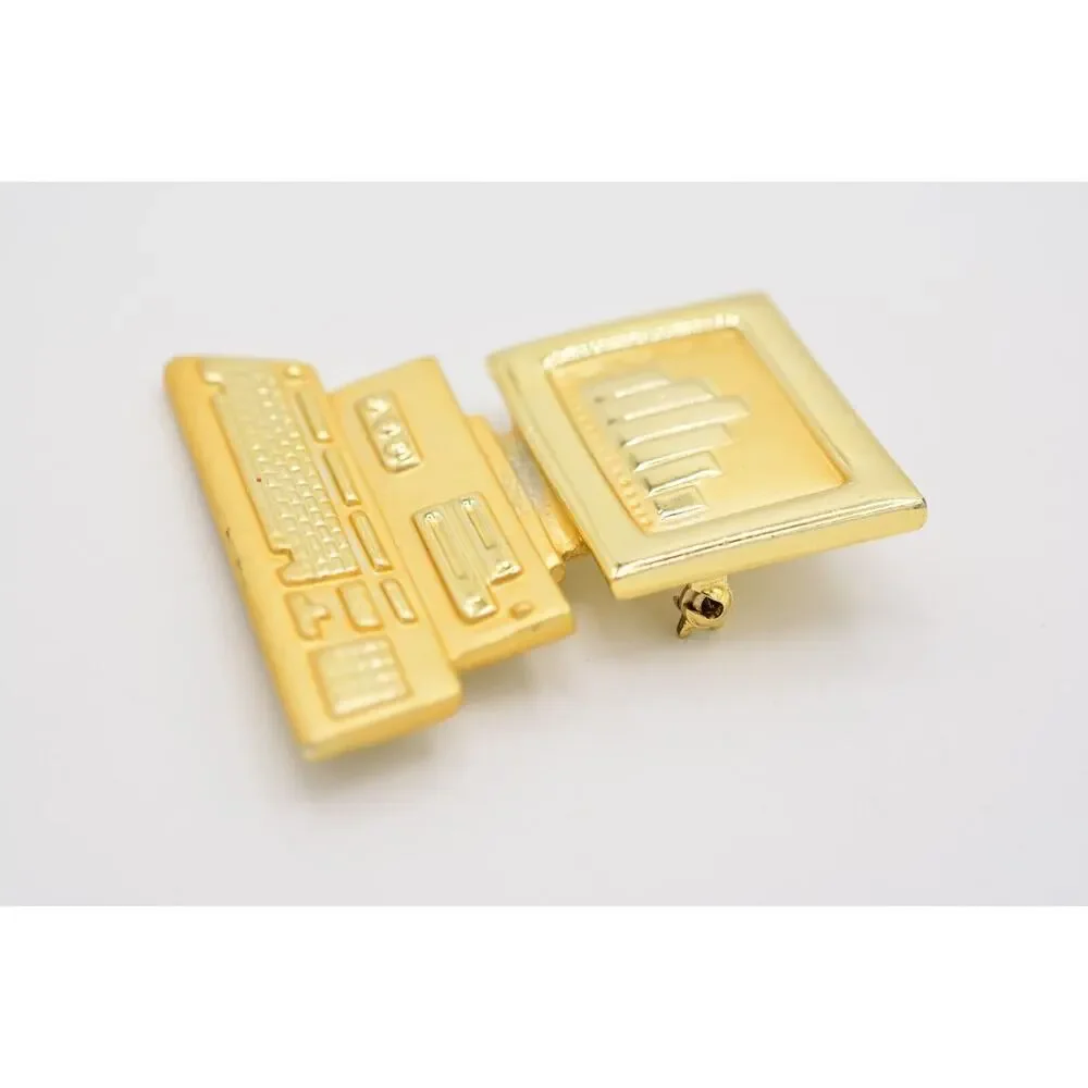 AJC Vintage Computer Pin Brooch Desktop Charts Graphs Signed NOS 1980s BinA10